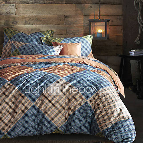 Duvet Cover Set,4 Piece Reactive Print 100% Cotton Irregular Plaid