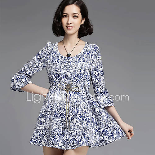 Loongzy Womens High Waist 3/4 Sleeve Floral Print Bodycon Blue Dress