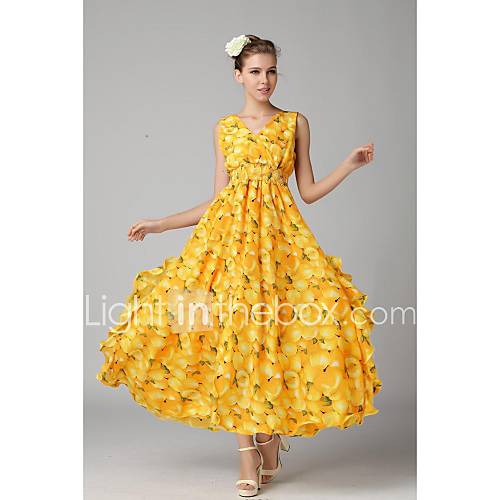 Womens Fashion Gold Color Ruffles Chiffon Ball Dress