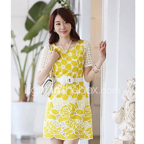 Womens Round Collar Sweet Temperament Bud Silk Flowers Dress