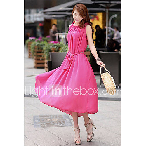 Successful Bohemian Solid Dyed Chiffon Dress (Fuchsia)