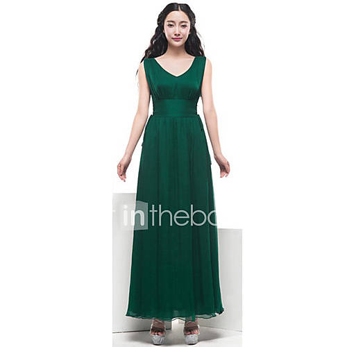 Color Party Womens Silk V Neck Swing Long Dress (Green)