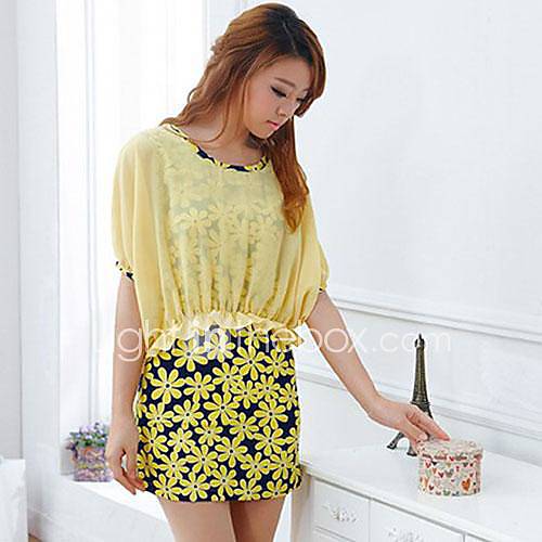 Womens Pastoral Style Printing Bat Sleeve Mini Dresses