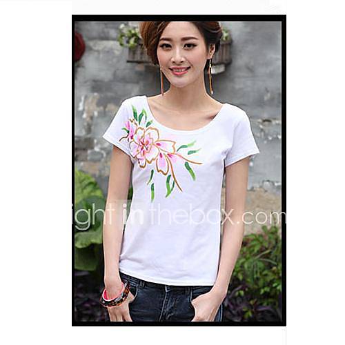 Womens Round Collar National Wind Embroidered Short Sleeve T Shirt