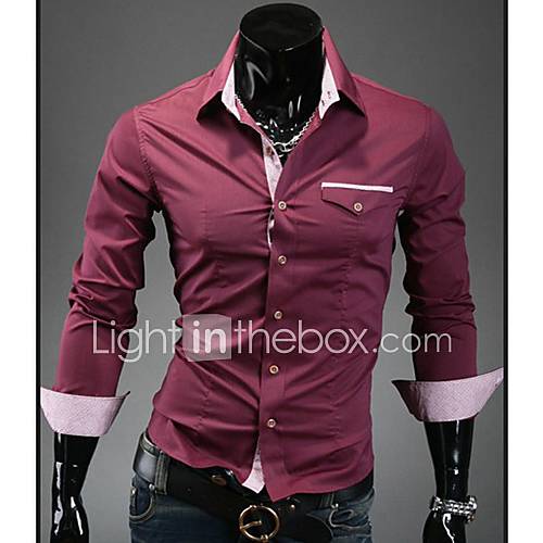 HKWB Casual Check Color Joint Long Sleeve Slim Shirt(Wine)