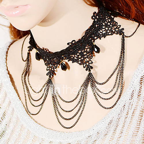 OMUTO Exaggerated Lace Hollow Out Leaves Gothic Necklace (Black)