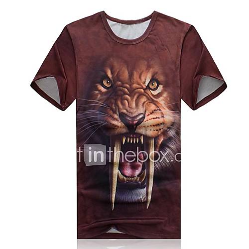 Mens Round Neck 3D Lion Print Short Sleeve T shirt