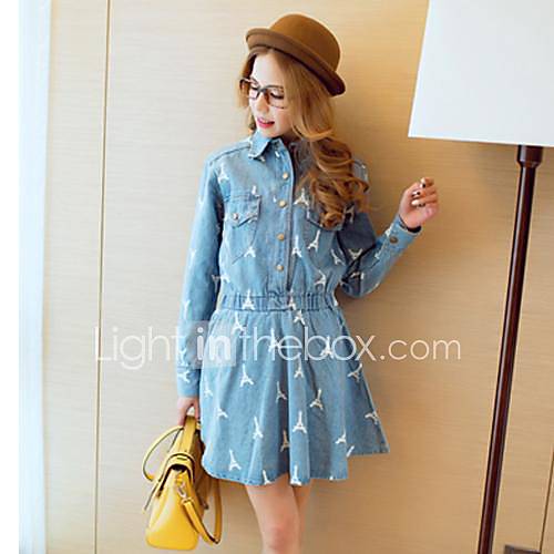 Womens New Spring Causal Long Sleeve Denim Printed Dress