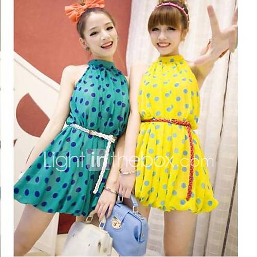 Womens Stand Collar Printing Dots Sleeveless Backless Chiffon Loose Dress