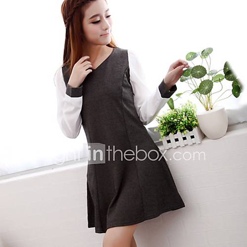 Womens New Stitching Long Sleeve Sweet Chiffon Dress