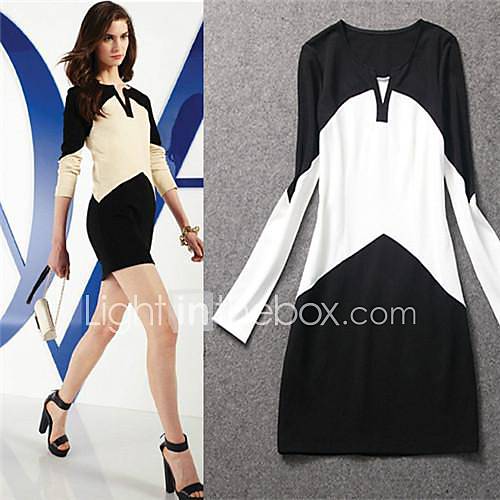 Women Long Sleeve Cotton Casual Color Matching White Black Dress