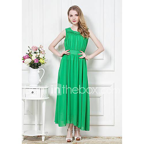 Swd Womens Beach Vacation Waisted Round Neck Dress (Green)