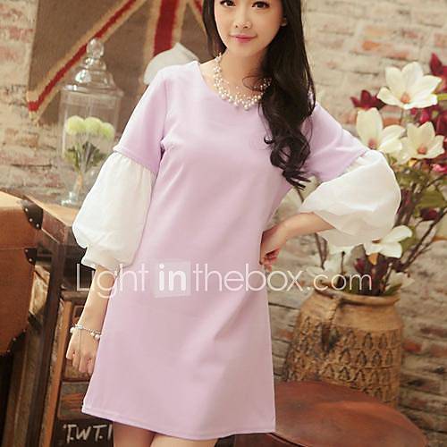 Womens Pure Color Round Collar Hubble bubble Sleeve Dress