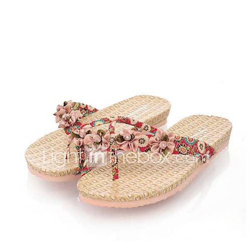 Suede Leather Womens Flat Heel Flip Flops Sandals With Flower Shoes (More Colors)