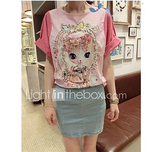 XiXi Womens Sweet Kitty Stereoscopic Bowknot Beading Short Sleeve Chiffon T Shirt(Screen Color)