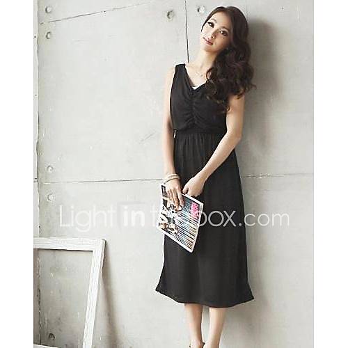 Womens V Collar Wrinkled Breast Sleeveless Slim Dress