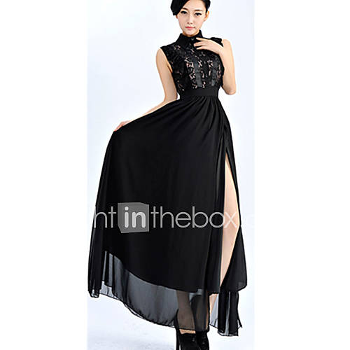 F.Modern WomenS Posed Long Lace Stitching Chiffon Lapel Open Fork Dress(Black)