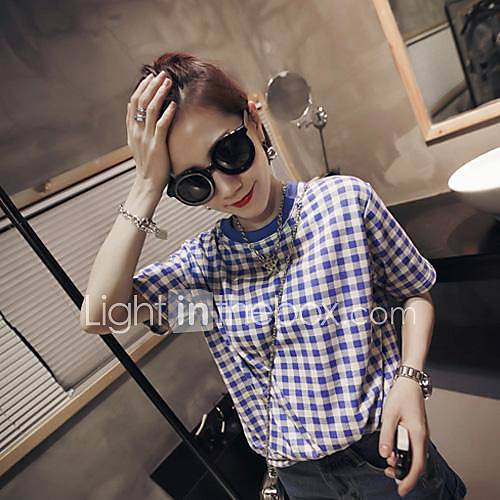 Womens Korean Style Small Squares Casual Loose Short Sleeve T Shirt