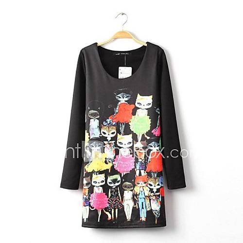 Womens Long Sleeves Round Neck Cartoon Cats Casual Dress