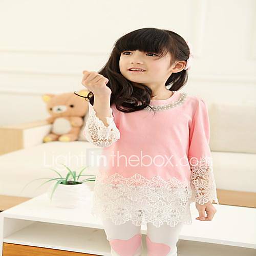 Girls Round Collar Neckline Lap Lace T shirt