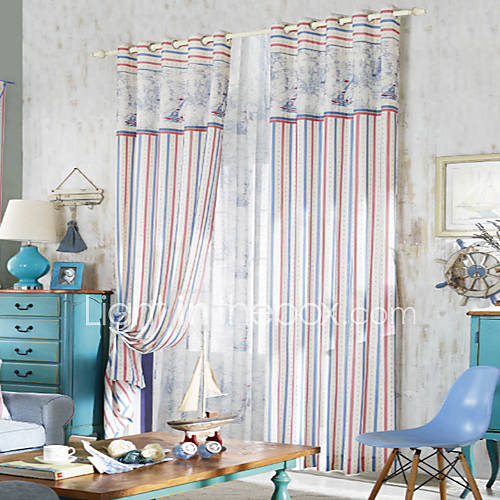 (One Pair) Neoclassical Red And Blue Striola Energy Saving Curtain