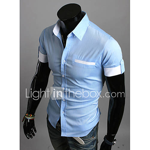 Midoo Short Sleeved Stand Collar Casual Shirt(Light Blue)
