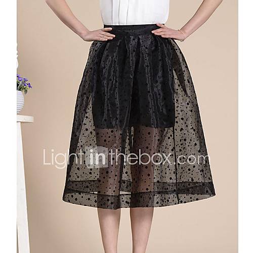 Womens Retro Organza Fabric High Waist Black Small Polka Dot Skirt