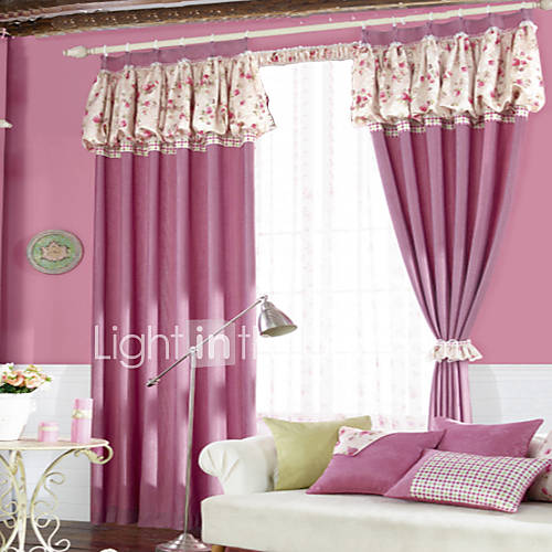 (One Pair Double Pleated) Country Floral Lantern Top Pink Solid Energy Saving Curtain