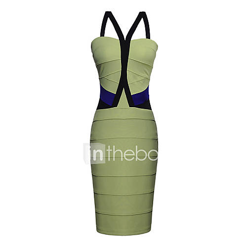 MS Green V Neck COLor Block Bandage Dress