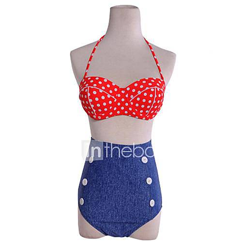 Womens Vintage Halterneck High Waist Polka Dot Print Swimsuit Bikini