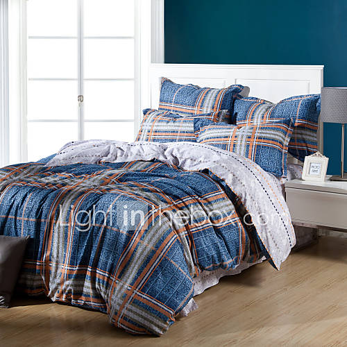 Duvet Cover Set,4 Piece Reactive Print 100% Cotton Stars Plaid