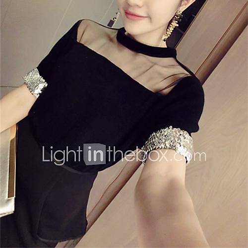 Womens Sexy Mesh Stitching Sequin Trim Short Sleeve T Shirt