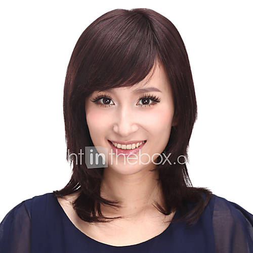 Young Fashion Human Hair Side Bangs Capless Medium Straight Chestnut Brown Hair Wig