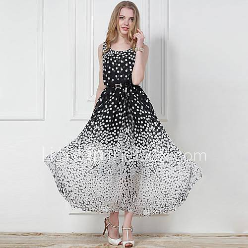 TS Polka Dot Print Contrast Color Long Dress With Waist Belt