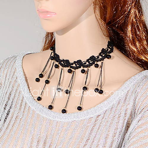 OMUTO Lace Bead Tassels Vintage Necklace (Black)