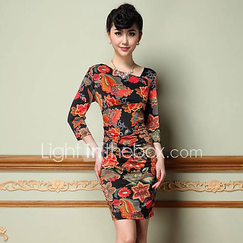 Womens 3/4 Sleeve Flowers Printting Bodycon Casual and Work Party Dress