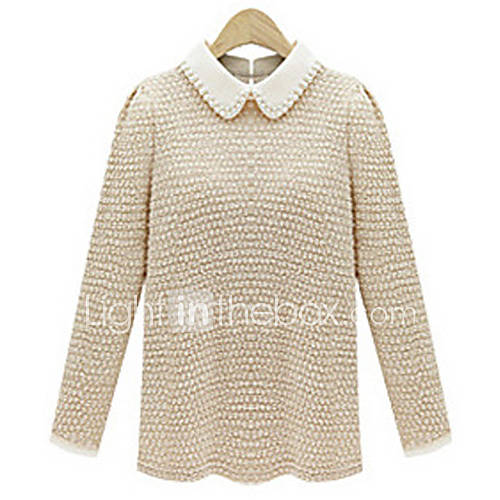 WeiMeiJia Womens Simple Contrast Color Lapel Bottom Knitting Tops(Cream,Navy Blue)