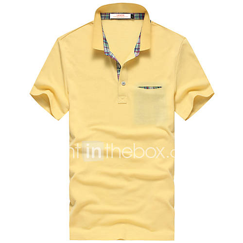 Lucassa Mens Simple Lapel Solid Color Short Sleeve T Shirt(Yellow)