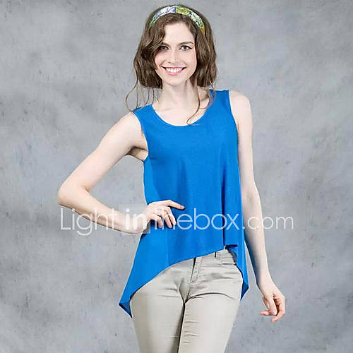 YIGOUXIANG Womens European Style Round Collar Irregular Swing Sleeveless Chiffon Shirt(Blue)