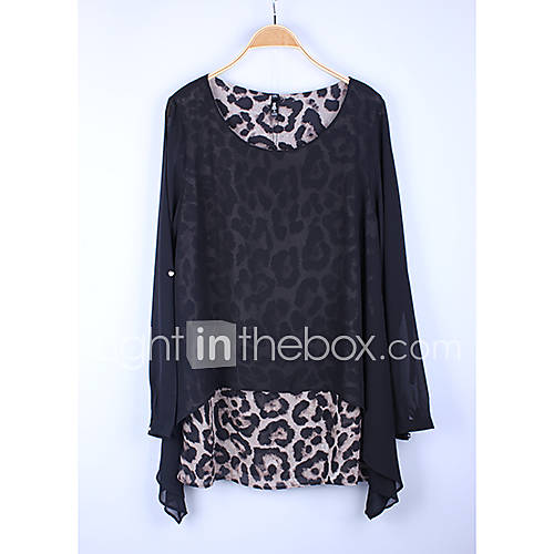 JRY Womens Simple Round Neck Black Two Piece Like Leopard Pattern Chiffon Loose Fit Dress