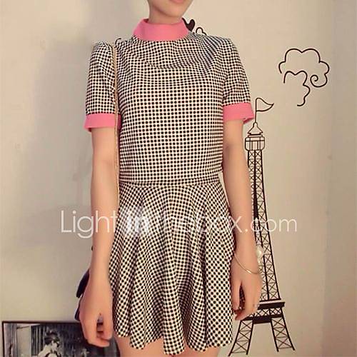 Womens Korean Style Pure Contrast Color Check T Shirt and Skirts Suits