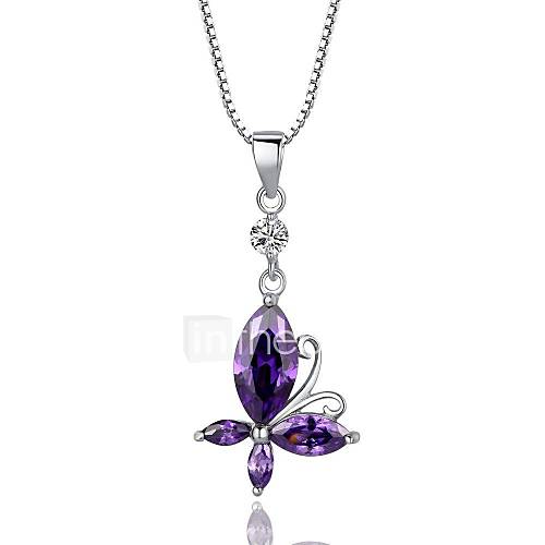 High Quality Fashion Butterfly Amethyst Sterling Silver Platinum Plated Necklace