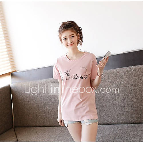 E Shop 2014 Summer Maxi Cotton Cat Print Round Short Sleeve T Shirt (Pink)