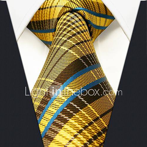 Mens Casual Silk Yellow Check Pattern Necktie