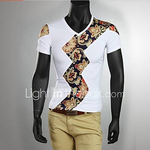 Mens V Neck Slim Casual Ethnic Print Splicing Short Sleeve T shirt