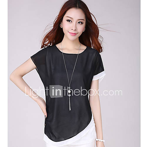 E Shop 2014 Summer Fake Two Pieces Round Short Sleeve Chiffon Shirt (Black)