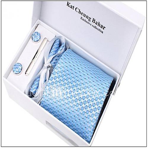 Mens Fashionable Blue White Checked Polyester Ties Set(breatpin random)