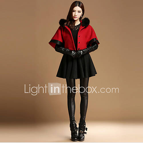 Newcomerland Woolen Cape Korean Fur Collar Wool Thick Cloak Coat(Red)