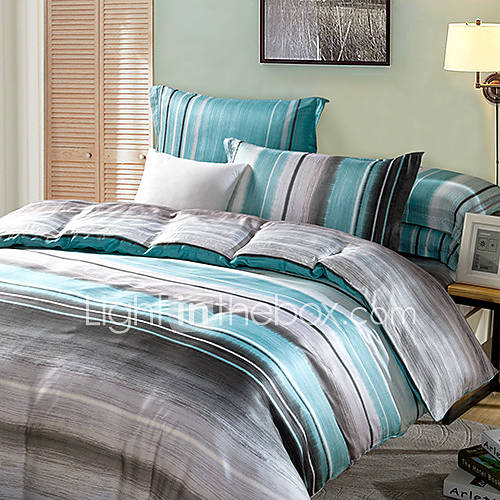 Duvet Cover Set,4 Piece Reactive Print Silky Modern Style Stripe Grey