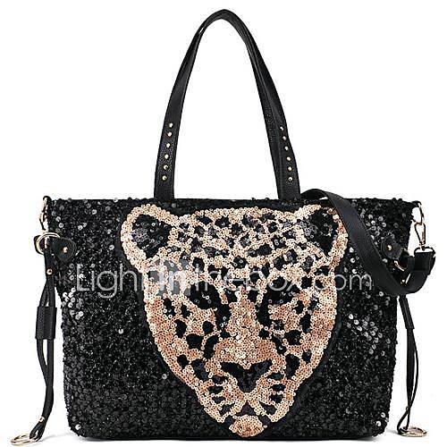 Womens Popular Fashion PU Leather with Sequins Leopard Head Handbag(Lining Color Randoms)